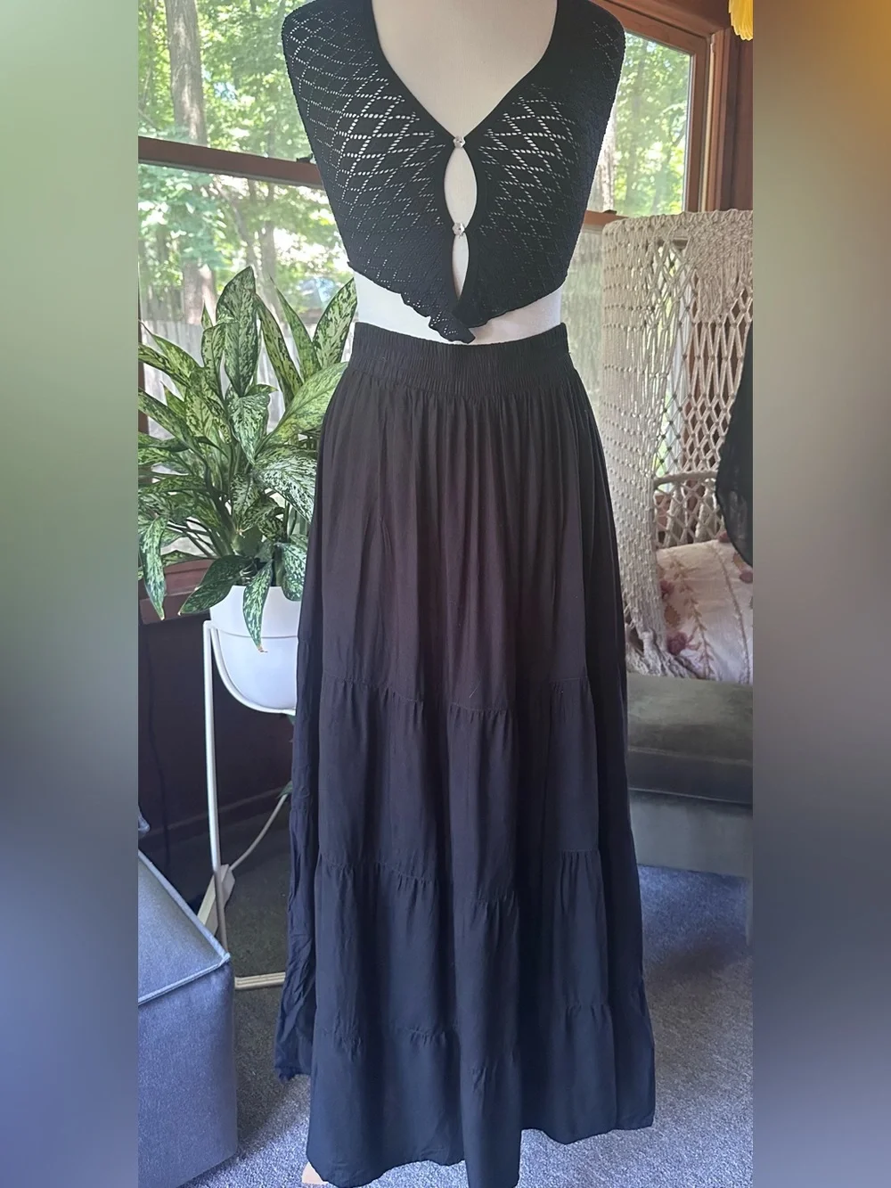 Women's Black Tiered Maxi Skirt with Elastic Waist - Picture 1 of 7